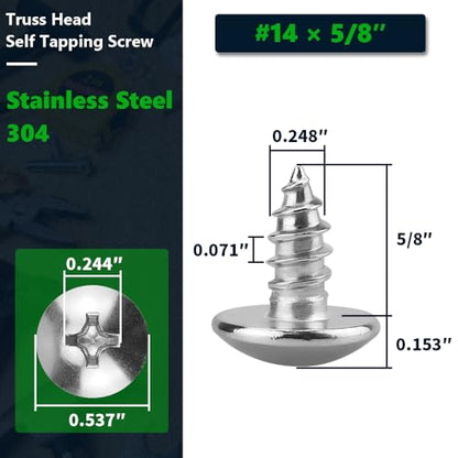 #14 x 5/8" Stainless Steel Truss Head Self Tapping Screws, 304 SS (18-8), Phillips Drive, Corrosion Resistant Screws for Wood, Metal & Sheet Metal Projects, 50 Pack - size: #14 x 5/8"
