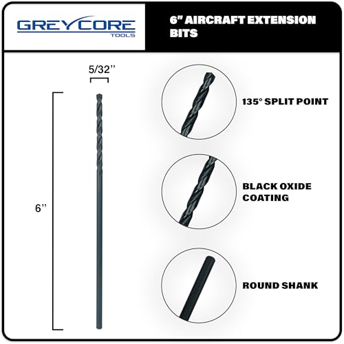 Greycore Tools 5/32 Inch x 6 Inch Black Oxide Aircraft Extension Bit 2-Pack – Long Drill Bit for Steel, Wood, Plastic and Aluminum - Round Shank, Split Point (5/32" x 6") - size: 5/32" x 6"