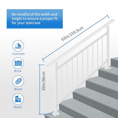 Upgrade White Adjustable 5 Steps Handrail, 65"x38" Stair Railing Kit - color: White, size: 5 Steps