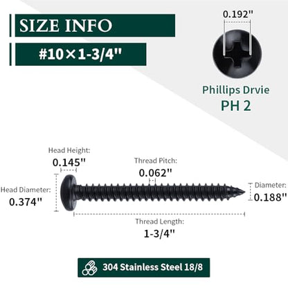 #10 x 1-3/4" Phillips Pan Head Sheet Metal Screws, 304 Stainless Steel 18-8, Black Coated, Corrosion Resistant Pan Head Self Tapping Screws for Wood, Sheet Metal, 50 PCS - size: #10 x 1-3/4"