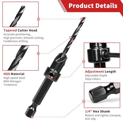 Countersink Drill Bit Set, 15PCS Adjustable Tapered HSS Drill Bit Set for Woodworking, with Nitrided Surface, Wood Plug Cutters 1/4" Hex Shank Quick Change, for Wood Drilling with Storage Box