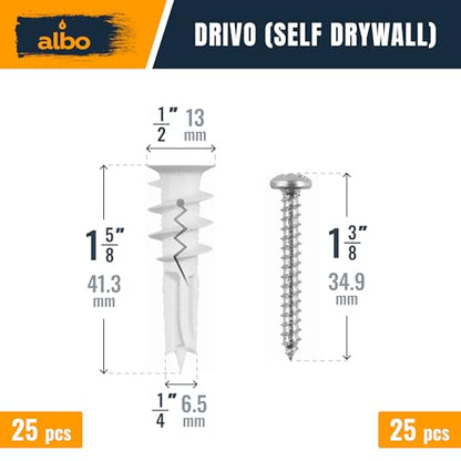 ALBO 50 Pcs. Plastic Self-Drilling Drywall Anchors and Screws Kit, White - color: Self White 25pcs