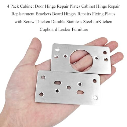 4 Pack Cabinet Door Hinge Repair Plates Cabinet Hinge Repair Replacement Brackets Board Hinges Repairs Fixing Plates with Screw Thicken Durable Stainless Steel for Kitchen Cupboard Locker Furniture - size: 3.54x1.85 inch-4P