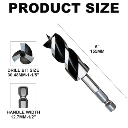 1-1/5"×6" Professional Auger Drill Bit for Wood with Quick Change 1/2" Hex Shank- 3-Cutter Design with Dual-Flute for Fast Chip Removal, Fits Hardwood, Softwood, PVC, Drywall & Tree Stumps - size: 1-1/5"×6"
