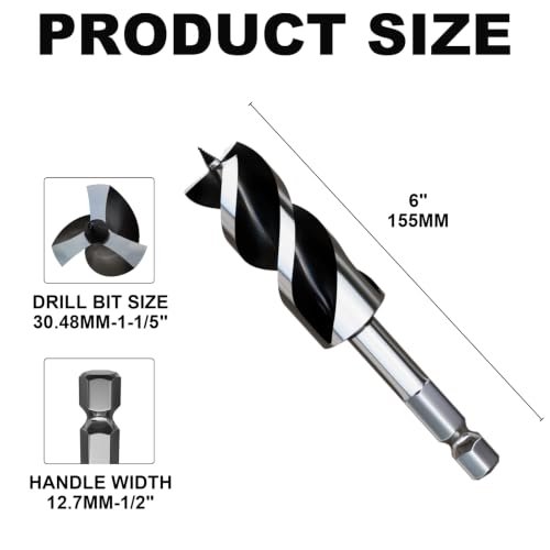 1-1/5"×6" Professional Auger Drill Bit for Wood with Quick Change 1/2" Hex Shank- 3-Cutter Design with Dual-Flute for Fast Chip Removal, Fits Hardwood, Softwood, PVC, Drywall & Tree Stumps - size: 1-1/5"×6"