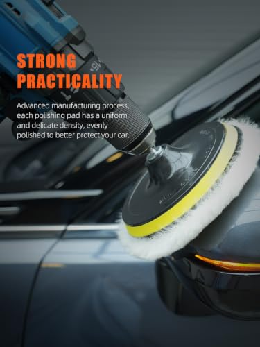 Wool Buffing Polishing Pad, SPTA 3 Inch (75mm) Lambwool Wool Buffing polishing Pads With Pad Clean Tool, 6 Pcs Kit with Hook & Loop 5/8"-11 Thread Drill Adapter for Car Polishing and Buffing QA0798SET - size: 80mm Sets