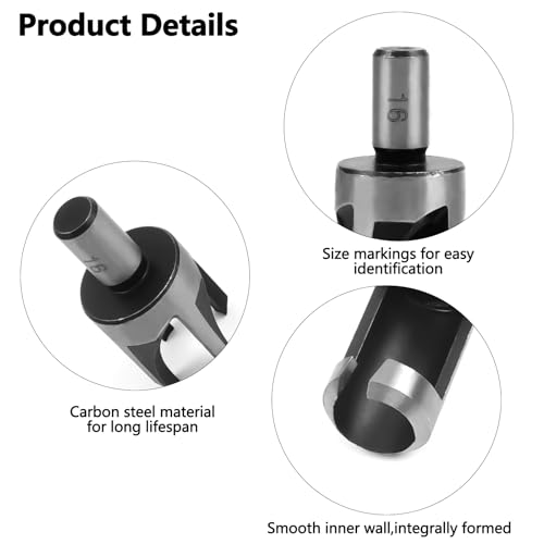 Wood Plug Cutter Drill Bit Set, 8 Pack Straight and Tapered Plug Cutters for DIY Woodworking Projects, 4 Sizes Hex Shank, Black