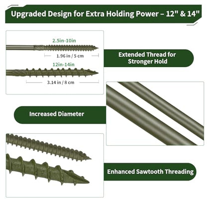 Timber Screws #14 x 5 inch, Heavy Duty Wood Screws with Hex Socket, Green Outdoor Lag Screws for Deck, Fence, Garden Self-Tapping, Rust-Resistant Coated, Sample Pack 18pcs - size: #14 x 5" 18PCS