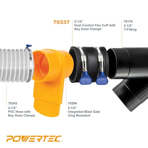 POWERTEC 70337-P2 2-1/2" Dust Control Flex Cuff w/Adjustable Key Hose Clamps, Hose Connector Rubber Cuff Coupler for Woodworking Dust Collection Fittings, Dust Collector Accessories & Machinery, 2 PK - size: 2-1/2", 2PK