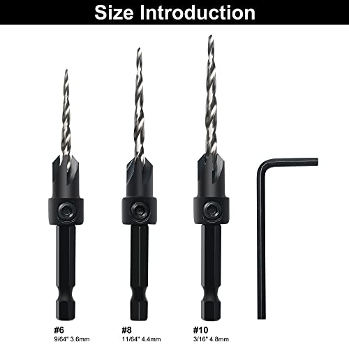 GMTOOLS Countersink Drill Bit Set, 3Pcs Tapered Drill Bits M2 HSS, with 1/4" Hex Shank Quick Change and Allen Wrench, Counter Sinker Set for Woodworking and Carpentry, Pilot Screw Hole Set - style: Set #6#8#10