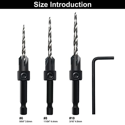 GMTOOLS Countersink Drill Bit Set, 3Pcs Tapered Drill Bits M2 HSS, with 1/4" Hex Shank Quick Change and Allen Wrench, Counter Sinker Set for Woodworking and Carpentry, Pilot Screw Hole Set - style: Set #6#8#10