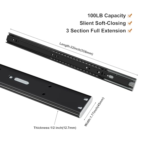 LONTAN 6 Pairs Black Soft Close Drawer Slides 22 Inch Heavy Duty Runners - color: Black, size: 22 Inch