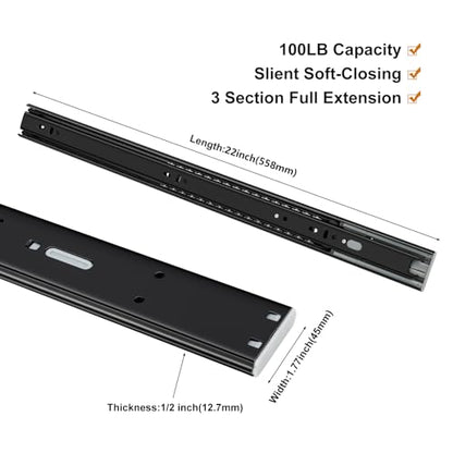 LONTAN 6 Pairs Black Soft Close Drawer Slides 22 Inch Heavy Duty Runners - color: Black, size: 22 Inch