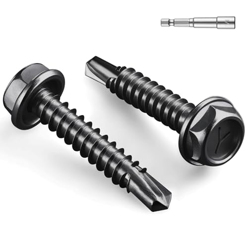 #8 x 1 Inch Self Drilling Screws, (164pcs) 1 lbs Black Self Tapping Screws for Metal, 410 Stainless Steel Hex Washer Head Sheet Metal Screw - color: Black 1lb Per Box, size: #8x1"