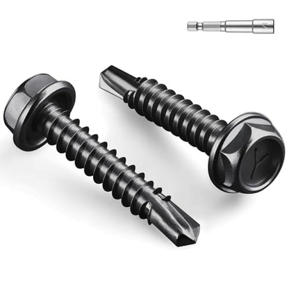 #8 x 1 Inch Self Drilling Screws, (164pcs) 1 lbs Black Self Tapping Screws for Metal, 410 Stainless Steel Hex Washer Head Sheet Metal Screw - color: Black 1lb Per Box, size: #8x1"
