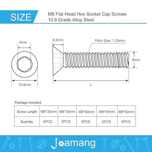 M8 x 30mm 35mm 40mm 45mm 50mm Flat Head Hex Socket Cap Screws Countersunk Bolts, 10.9 Grade Alloy Steel, Black Oxide Finish, Metric Allen Drive, Fully Threaded, Assortment Kit 25Pcs - size: M8 x 30/35/40/45/50 mm