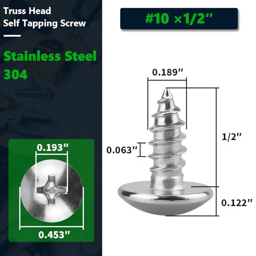 #10 x 1/2" Stainless Steel Truss Head Self Tapping Screws, 304 SS (18-8), Phillips Drive, Corrosion Resistant Screws for Wood, Metal & Sheet Metal Projects, 50 Pack - size: #10 x 1/2"