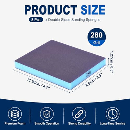 8Pcs 280Grit Double-Sided Sanding Sponges, Washable & Reusable - size: 280Grit