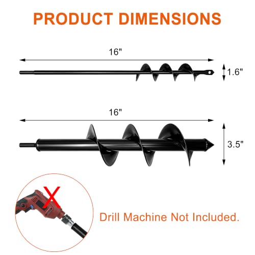 Auger Drill Bit for Planting Set,2 Pack 1.6"x16" & 3.5"x16" Spiral Post Hole Diggers for 3/8" Hex Drive Drill,Garden Spiral Hole and Bulb Planter Tool,Perfect for Bulbs,Fence Posts,Umbrella Holes - size: 1.6"x16"+3.5"x16"