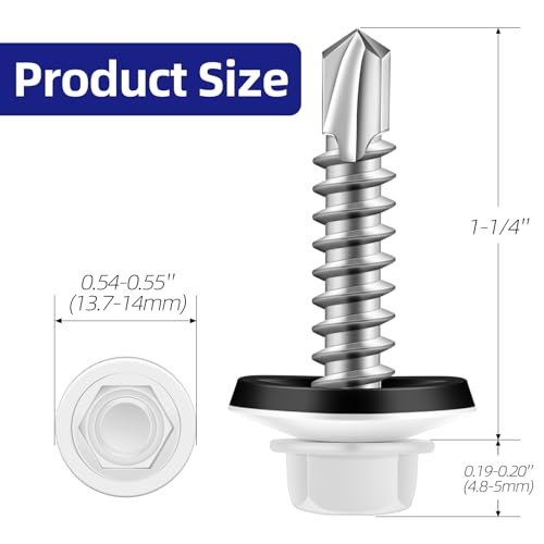 #10 x 1-1/4" Zinc Plated Steel Self Drilling Roofing Screws, Hex Head Self Tapping Screws with EPDM Washer, White Head, 100 PCS - color: White, size: #10 x 1-1/4"