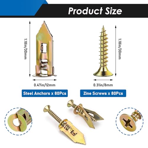 160Pcs Self Drilling Drywall Anchors with Screws, 80Pcs Sheetrock Anchors (0.47x1.18Inch) & 80Pcs Expansion Screws, Zinc Plated Steel Drywall Anchors No Drilling Required Holds Up to 66lbs - color: 160Pcs - 0.47x1.18 inch-Gold