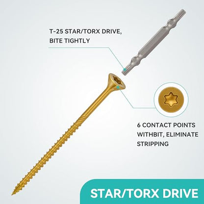 Wood Screws Yellow #10 × 3 inch Torx Star Drive Deck Screws Flat Head M5 × 75 Countersunk T25 Self Tapping Thread Cut 50pcs Carbon Steel Galvanized (50PCS/Small Box Yellow) - color: Yellow, size: #10×3