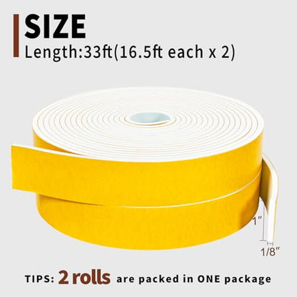 Yotache White Foam Seal Strips Tape 1" X1/8", Total 33 Feet Long - size: 1"x1/8"x33 FT