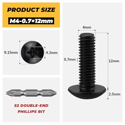 100pk M4 x 12mm Black Truss Head Machine Screws, 304 SS + Bit - size: M4-0.7 x 12mm