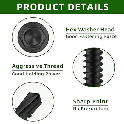 Mellewell #8 x 1-1/2" Hex Washer Head Self Drilling Screws, Self Tapping Sheet Metal Screws, 410 Stainless Steel, Black Finish, 100 PCS - color: Black, size: #8 x 1-1/2"