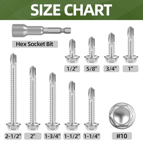 #10 x 1 (250 PCS) Sheet Metal Screws, Hex Washer Head Self Drilling Screw, 410 Stainless Steel Flanged Fast Self Tapping Screws - size: #10 x 1"
