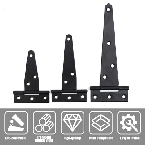 1Set T-Strap Gate Hinge with 7 Screws, Heavy Duty Shed Barn Door Hinges, Black Tee Hinges for Wooden Fence, Yard Gate (6 Inches) - color: 6Inches