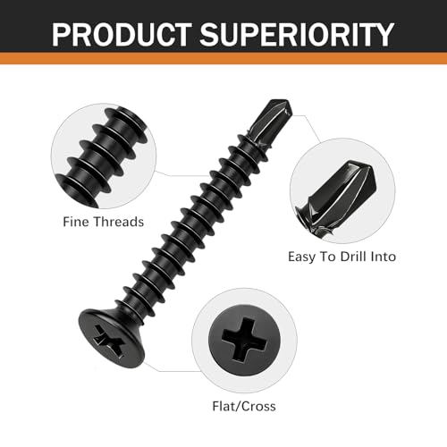 #10 x 1 (100 Pack) Flat Head Phillips Drive Sheet Metal Screws, Black Oxide 410 Stainless Steel Self Drilling Screws,Countersun Head Fast Self-Tapping Screws for Metal, Plastic, Wood - size: #10 x 1