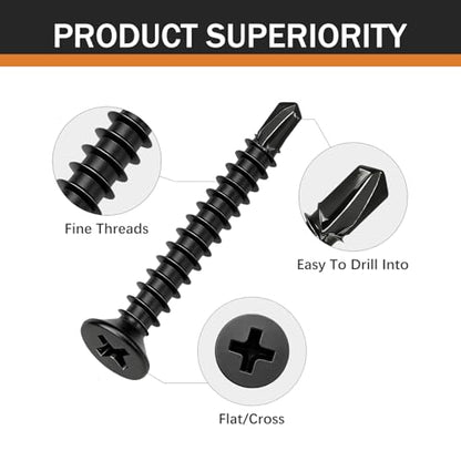 #10 x 3/4" (100 Pack) Flat Head Phillips Drive Sheet Metal Screws, Black Oxide 410 Stainless Steel Self Drilling Screws,Countersun Head Fast Self-Tapping Screws for Metal, Plastic, Wood - size: #10 x 3/4