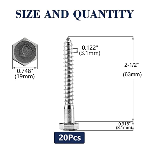 1/2" x 2-1/2" Hex Head Lag Screws Bolts 20Pcs 304 Stainless Steel 18-8, Partial Thread, Hexagon Head Wood Screws by SG TZH - size: 1/2-13 x 2-1/2"