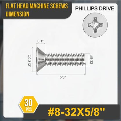 DTGN #8-32x5/8 Phillips Flat Head Machine Screw 304 Silver 30pcs - color: Silver, size: #8-32x5/8"