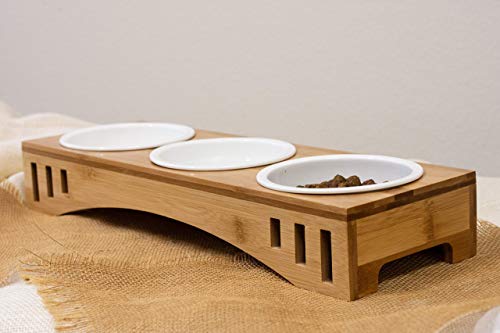 Elevated Pet Feeder Stand Three Bowls, Bamboo Wood, Small to Medium Pets