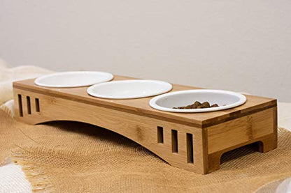 Elevated Pet Feeder Stand Three Bowls, Bamboo Wood, Small to Medium Pets