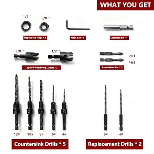 15-Piece Countersink Drill Bit Set, with 2PC Wood Plug Cutters