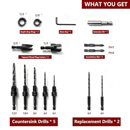 15-Piece Countersink Drill Bit Set, with 2PC Wood Plug Cutters