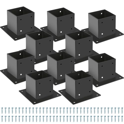 Post Base, 4 x 4 inch Wood Fence Post Anchor Base, Heavy Duty Powder-Coated Steel Post Bracket with Screws, for Deck Porch Railing (10 Pack Post Base 4x4") - size: 10 Pack Post Base 4x4"