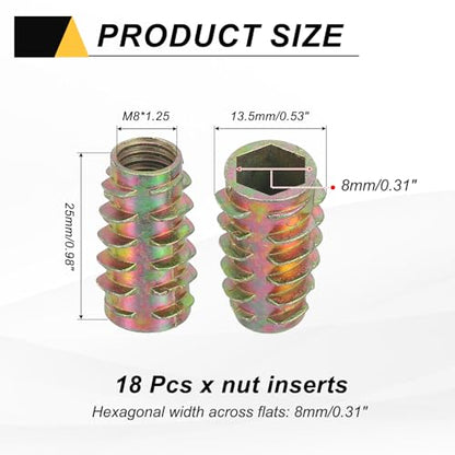 MECCANIXITY 18 Pcs Threaded Inserts for Wood, Zinc Alloy M8 Thread Inserts Nuts Hex-Flush Socket Drive Screw 25mm Length for Furniture, Cabinet, Tables and Chairs - size: M8x25mm