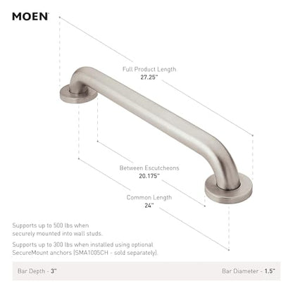 Moen R8924W Bathroom Safety 24-Inch Grab Bar with Concealed Screws, Glacier White - color: Glacier, size: 24 Inch