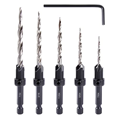 Wood Countersink Drill Bit Set, Newdeli 5Pcs Countersink Drill Bit #4、6、8、10、12, Tapered Drill Bits with 1/4" Hex Shank Quick Change and Allen Wrench, Counter Sinker Drill Bit Set for Woodworking - style: 5 Sizes Set(#4、6、8、10、12)