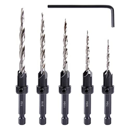 Wood Countersink Drill Bit Set, Newdeli 5Pcs Countersink Drill Bit #4、6、8、10、12, Tapered Drill Bits with 1/4" Hex Shank Quick Change and Allen Wrench, Counter Sinker Drill Bit Set for Woodworking - style: 5 Sizes Set(#4、6、8、10、12)