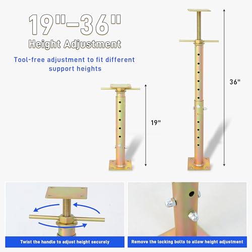 2PCS House Floor Jacks for Leveling,19"-36" Adjustable Screw House Jack Post Pole for Lifting, Heavy Duty Steel Telescoping Jacks Post for Beam Roof Joists Leveling, Crawlspace and Basement Support
