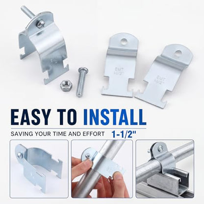 Landhoow Emt Pipe Universal Strut Clamps Strut Channel Accessory Electro Galvanized Conduit Clamp with Bolt and Nut, Rigid Pipe Tool(1-1/2 Inch,Silver,100 Pcs) - color: Silver, size: 1-1/2 Inch