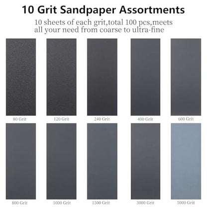 Sand Paper Kit 100 PCS 80 to 5000 Grit 9x3.6 Inch Sandpaper Sheets
