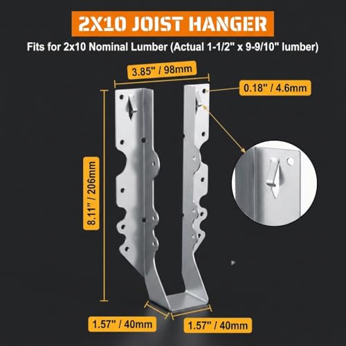 50 Pack 2x10 Joist Hangers, 18 Gauge Galvanized Face Mount - size: 2" x 10"