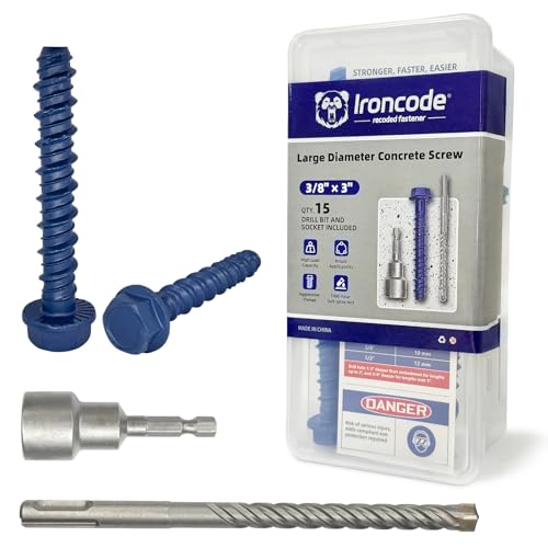 3/8 x 3 Heavy-Duty Hex Head Concrete Anchors, 15 PCS, Corrosion Resistant Blue Climaseal Coating, Outdoor Rated Use, Concrete Block and Masonry Brick Screws - size: 3/8 x 3"