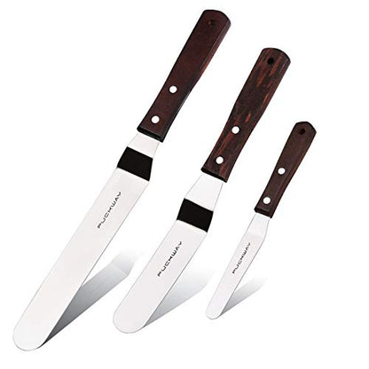 Offset Cake Icing Spatula Set of 3 Professional Stainless Steel Decorating Frosting Spatulas (4"-6"-8" Flexible Resistant Blade) Angled with Wooden Handle - size: 4" & 6" & 8" Offset spatulas